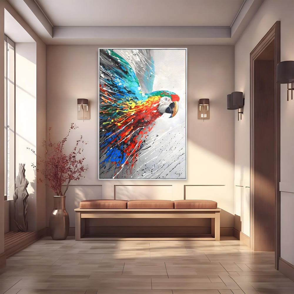 Tablou canvas cu tablou canvas cu papagal colorat, in rama de aluminiu argintiu